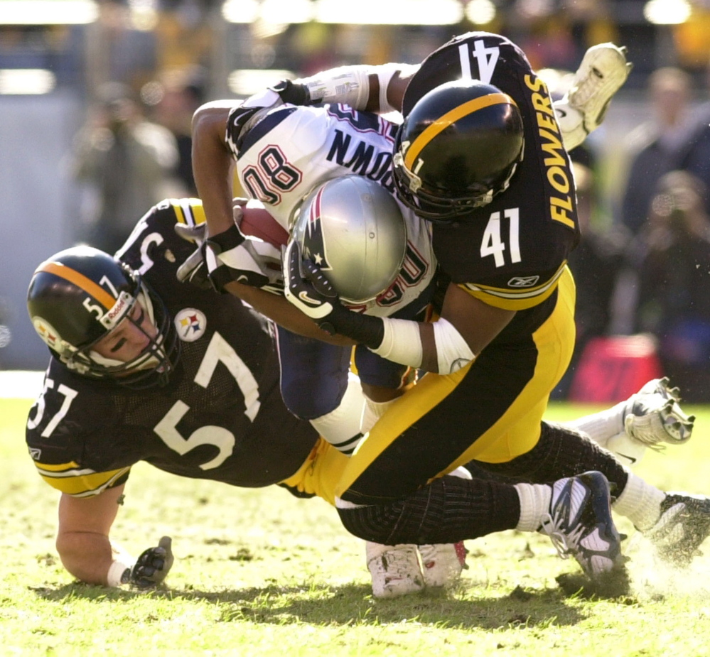 Tough to bring the Pats down when they get this far, and, lordy, the Steelers sure tried in 2002. But that New England defense – again – plus Troy Brown on special teams and reserve QB Drew Bledsoe ignited a victory.
