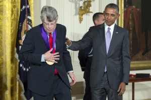 Author Stephen King of Bangor walks off stage after being presented a 2014 National Medal of Arts medal by President Barack Obama during an event in the East Room of the White House on Thursday in Washington.