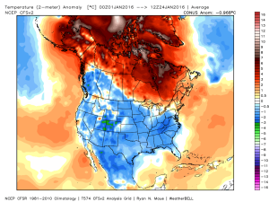 Temperature Anomaly January 2016 Credit:Weatherbell 