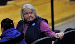Former Biddeford Mayor Joanne Twomey, a vocal critic of Gov. Paul LePage who's now a state Senate candidate, was in the front row for Tuesday's town hall meeting. Shawn Patrick Ouellette/Staff Photographer