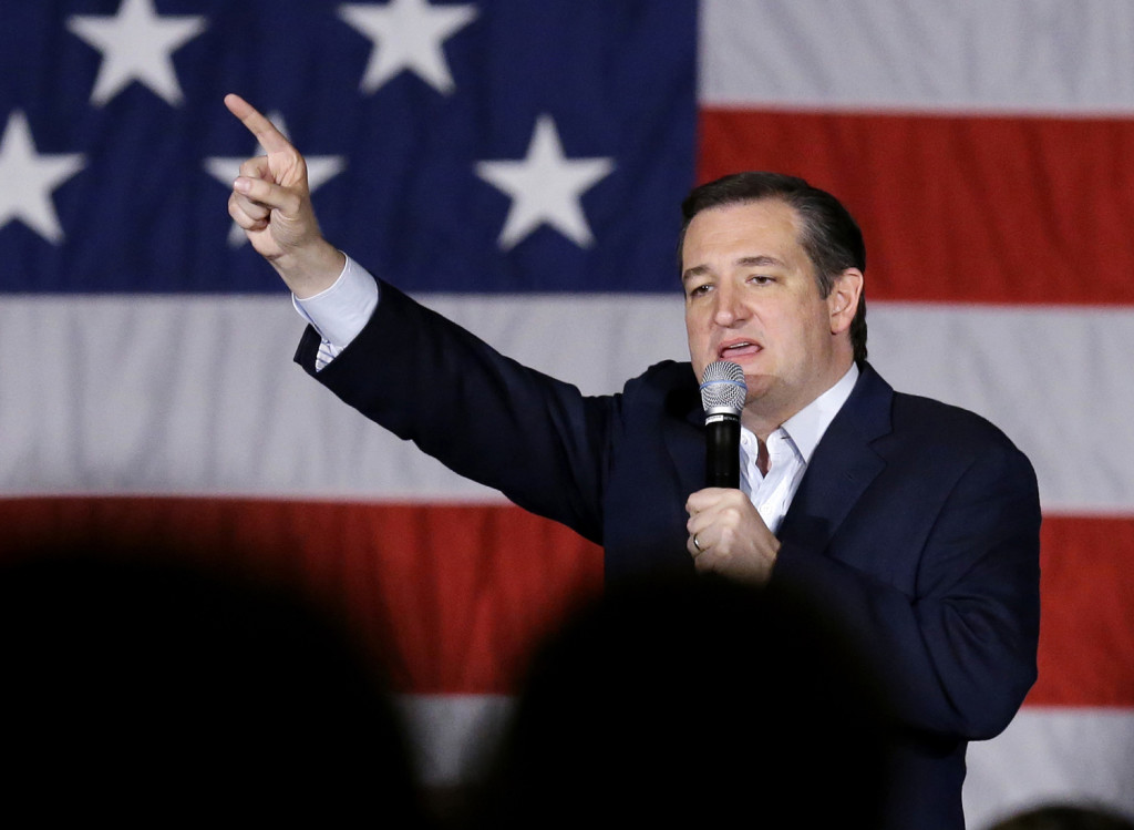 Republican presidential candidate, Sen. Ted Cruz, R-Texas, points as he speaks at a campaign stop at Waukesha County Exposition Center, Monday in Waukesha, Wis. The Associated Press