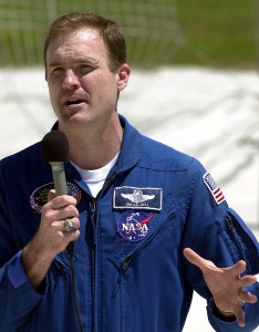 Former Space Shuttle Atlantis mission commander James Halsell Jr. speaks to reporters at the Kennedy Space Center in Cape Canaveral, Fla, in this April 6, 2000, photo. Associated Press>
