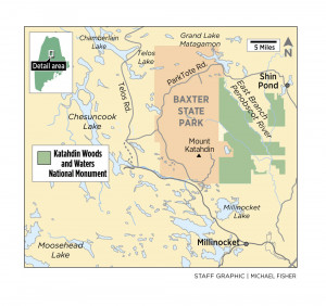 A map of Maine's north woods region showing the new Katahdin Woods and Waters National Monument.