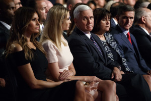 Republican vice presidential candidate Mike Pence, center, waits for the start of the debate. From left are Melania Trump, Ivanka Trump, Pence, Karen Pence and retired Gen. Michael Flynn.