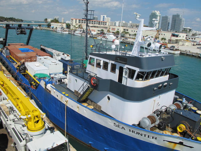 The Sea Hunter sits fully loaded at its dock Monday, awaiting a hoped-for departure to Haiti today.