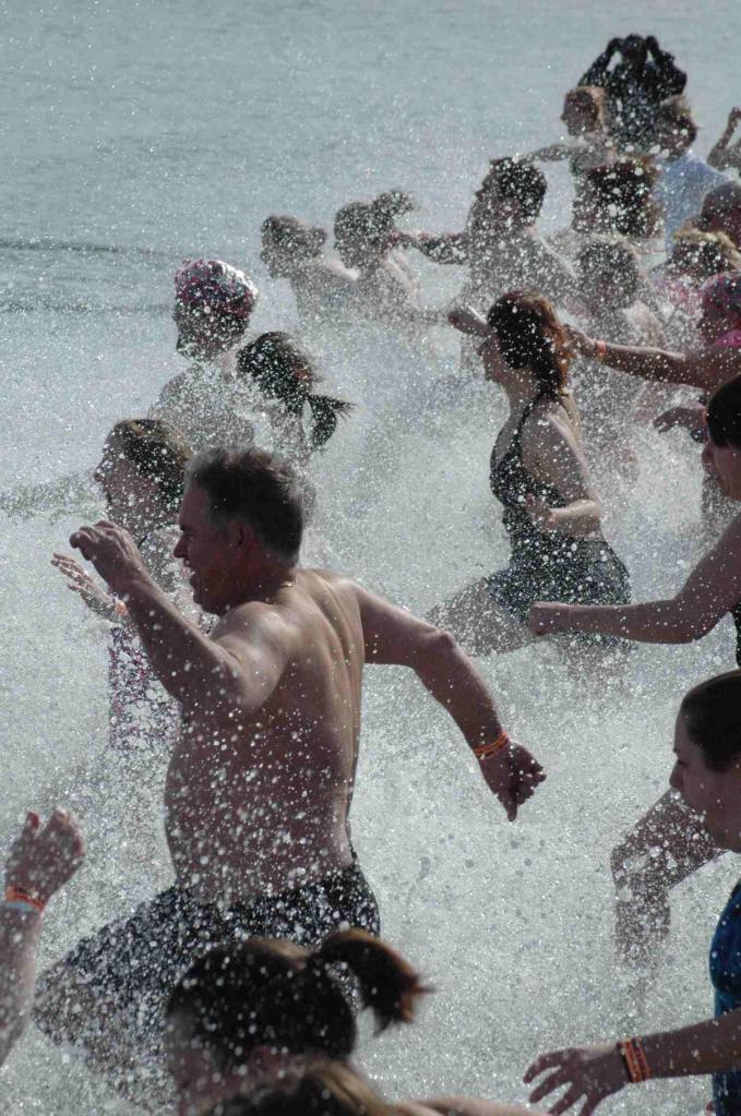 Polar dippers plunge into the frigid waters off Portland’s East End Beach on Feb. 13.