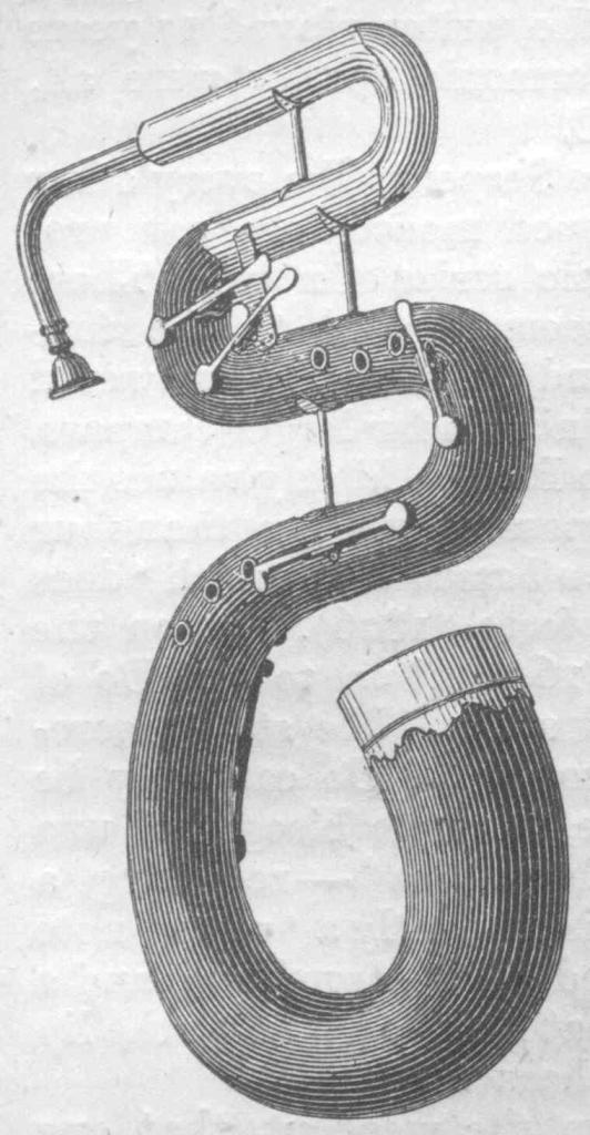 The modern tuba is a a descendant of the serpent, a bass horn invented sometime in the 16th century.