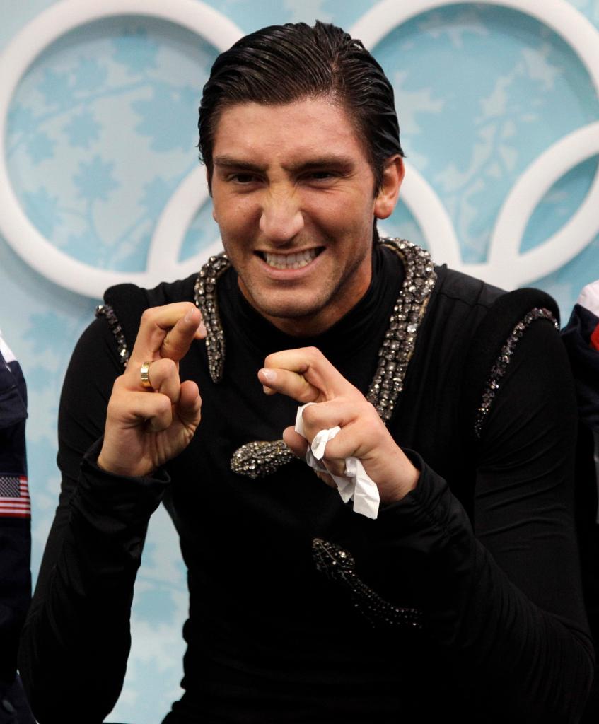 USA's Evan Lysacek gestures before receiving his scores following his free program during the men's figure skating competition at the Vancouver 2010 Olympics in Vancouver, British Columbia, Thursday, Feb. 18, 2010. (AP Photo/David J. Phillip)