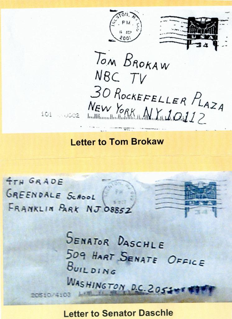 Photos of envelopes that contained letters and anthrax spores sent to NBC’s Tom Brokaw and Senate Majority Leader Tom Daschle, D-S.D.