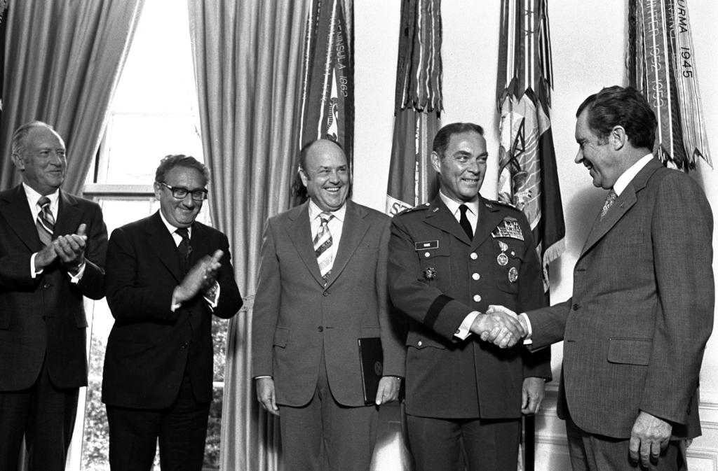 In this Jan. 4, 1973 file photo, President Nixon, right, congratulates Gen. Alexander Haig after presenting him with the Distinguished Service Medal at the White House. Joining the ceremony, from left, Secretary of State William Rogers, Presidential Adviser Henry Kissinger, and Secretary of Defense Melvin Laird. Former Secretary of State Alexander Haig, who served Republican presidents and ran for the office himself, has died. The Haig family says he died Saturday Feb. 20, 2010 at Johns Hopkins Hospital in Baltimore from complications associated with an infection. He was 85.