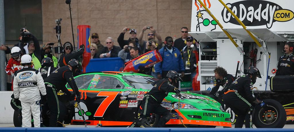 NASCAR driver Danica Patrick, makes a pit stop in the Nationwide Stater Bros. 300 auto race at Auto Club Speedway in Fontana, Calif., on Saturday. Patrick finished 31st while Kyle Busch got the victory.