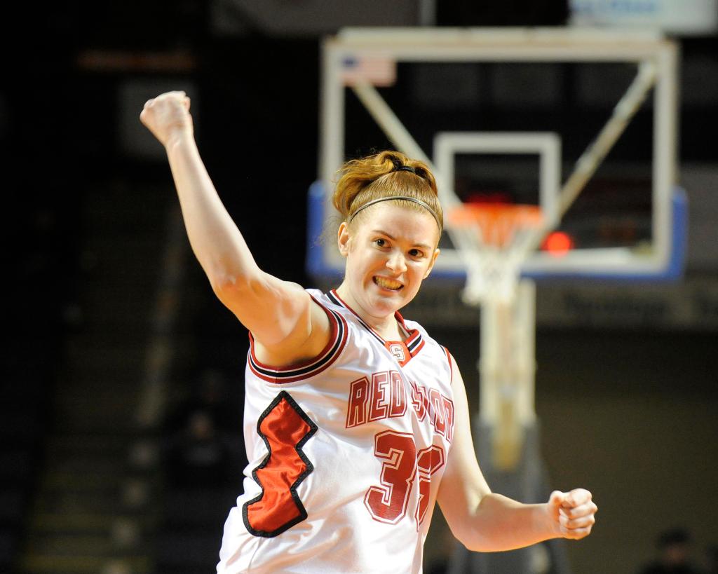 Sarah Moody gestures after sinking a key foul shot Saturday that helped Scarborough put away a 37-34 victory over Deering in the Western Class A girls’ basketball final.