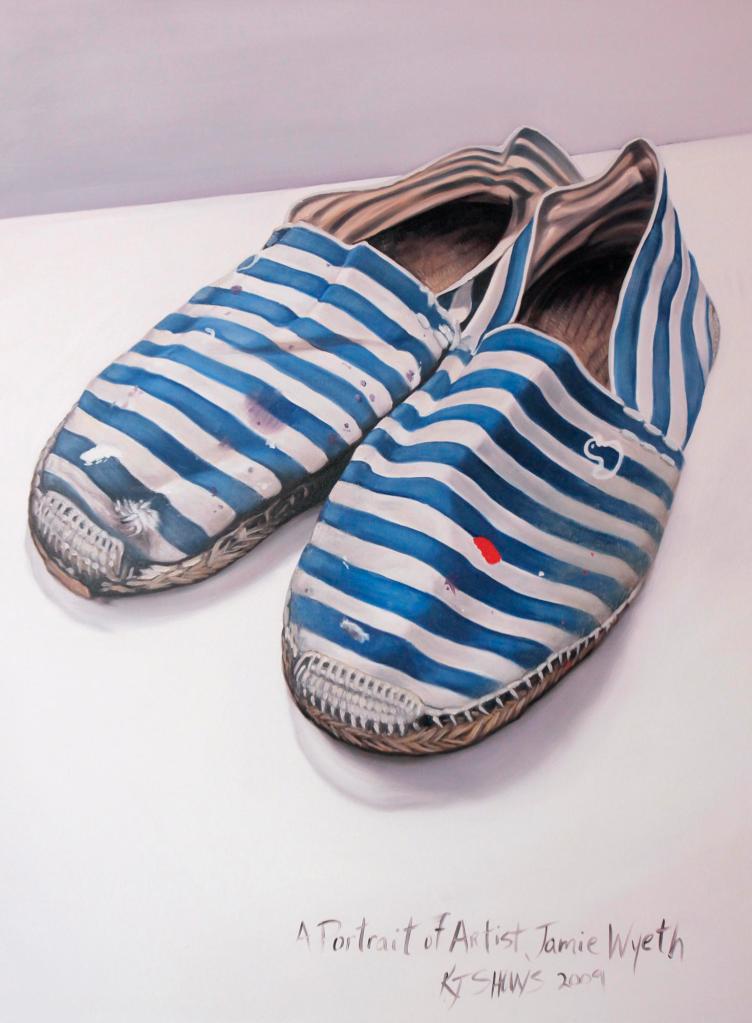 Artist Jamie Wyeth's shoes painted by Kennebunk artist Kelly Jo Shows.