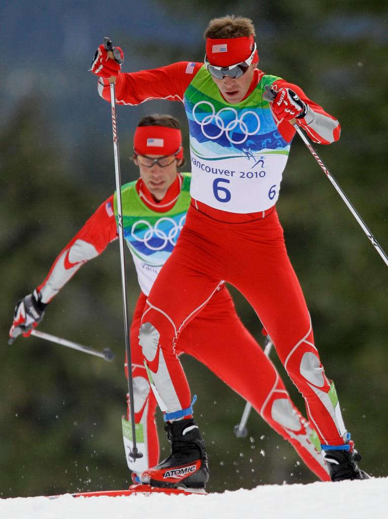 United States' gold medal winner Bill Demong, front and United States' silver medalist Johnny Spillane ski during Cross Country portion of the Men's Nordic Combined Individual event from the large hill at the Vancouver 2010 Olympics in Whistler, British Columbia, Canada, Thursday, Feb. 25, 2010. (AP Photo/Dmitry Lovetsky)