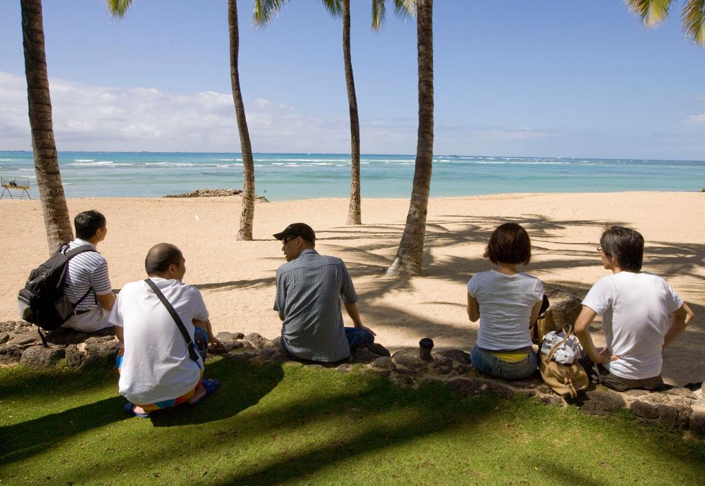 Visitors sit under coconut trees at Waikiki Beach in Honolulu waiting for the arrival of a tsunami Saturday. The waves arrived later and smaller than predicted.