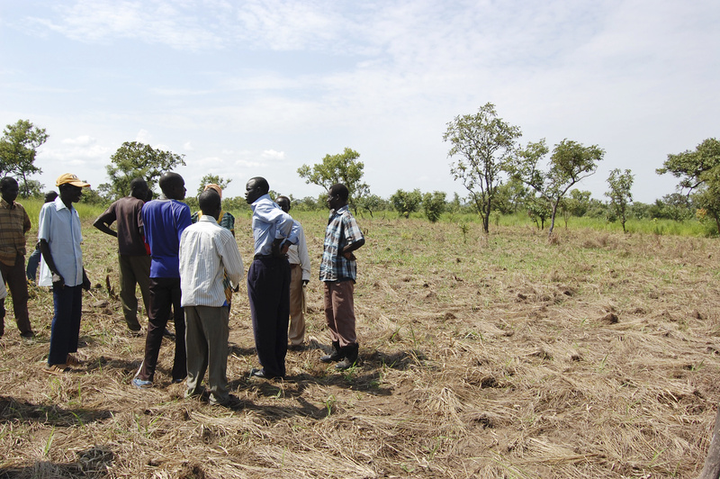 Alfred Jacob of Portland, third from right, speaks with local elders in southern Sudan at the site of a school being built with financial support from Sudanese immigrants and others in Maine. The photo was taken last summer, when Jacob traveled to Kit as the project got under way.