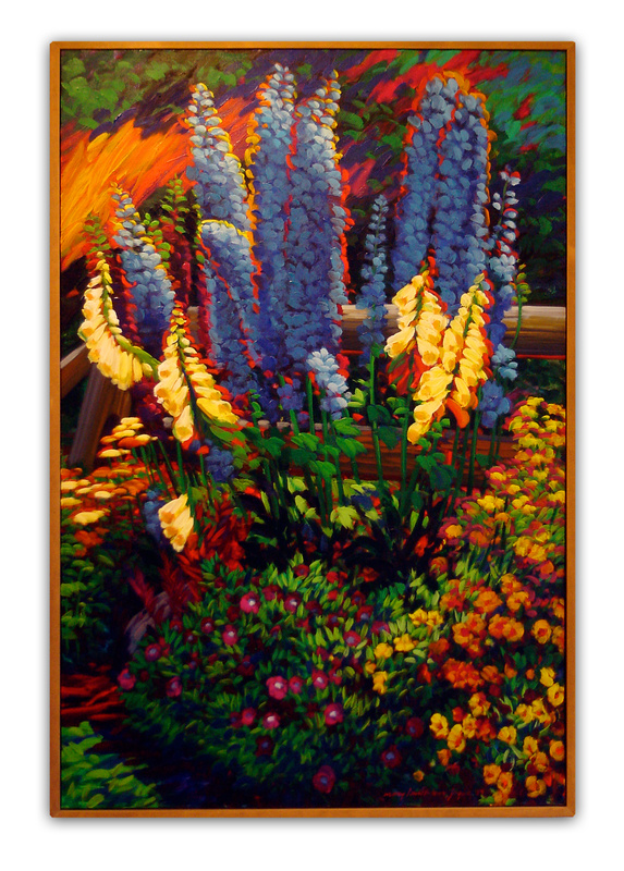 Jaqua’s oil-on-canvas “August Garden,” on display in “Think Spring” at the Wonderful Gallery in Freeport.