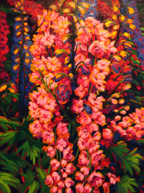 Mary Louise Town Jaqua’s oil-on-canvas “Sunlit Delphineums,” from “Think Spring” at the Wonderful Gallery in Freeport.