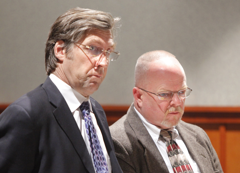 Bruce Lavallee-Davidson, right, listens to Justice Robert Crowley in Cumberland County Superior Court today as he imposes a sentence of 15 years with all but 10 years suspended for the death of Fred Wilson in South Portland last year. At left is Davidson's attorney, Thomas Hallet.