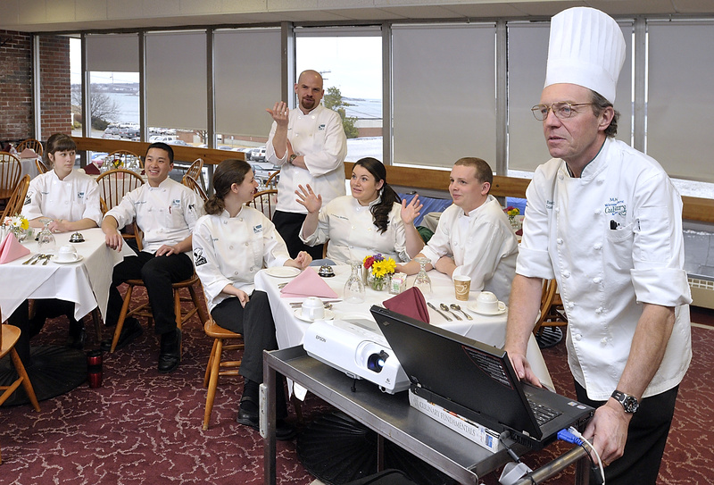 Chef Geoff Boardman, culinary arts instructor at Southern Maine Community College, right, conducts a mock competion with help from Chef Tony Poulin. From left are team members Lindsey Stewart, Michael Kusuma, Crystal Cassette, Lindsay Bradeen and Nick Ault. Not pictured is teammate Brett Cary.