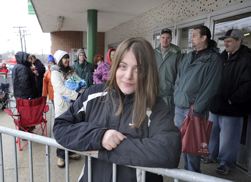 Nicole Perrine from Old Orchard Beach was the first in line at 12:45 am as she and over 800 people lined up at the Portland Expo by 9 am for tickets to see President Obama who will speak at the Portland Expo tomorrow.