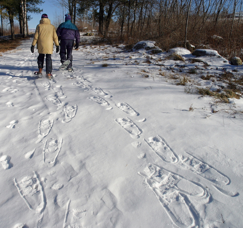 A couple makes tracks snowshoeing at Pineland Center in New Gloucester. Gregory Rec