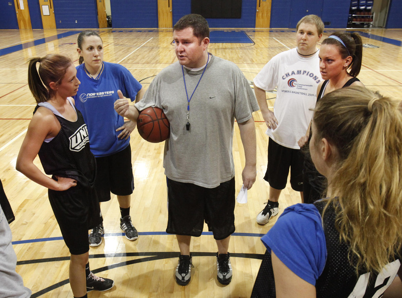 Coach Anthony Ewing talks with his team during UNE’s workout Monday. Ewing guided the Nor’easters to their first NCAA Division III tournament appearance since 2001. UNE qualified by winning its conference tournament.