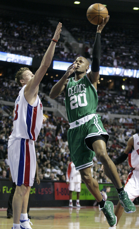 Ray Allen, who scored 18 points Tuesday night for the Boston Celtics, angles for a shot against Jonas Jerebko of the Detroit Pistons. Boston won, 105-100.
