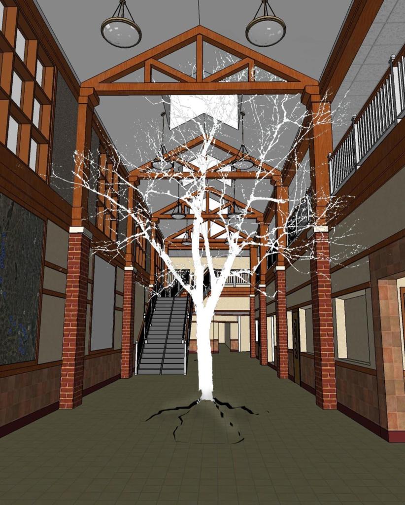 Concept drawing for Aaron Stephan’s “RE: turn,” for which he will create a sculpted tree in the Westbrook Middle School’s atrium from logs salvaged from the bottom of Moosehead Lake.