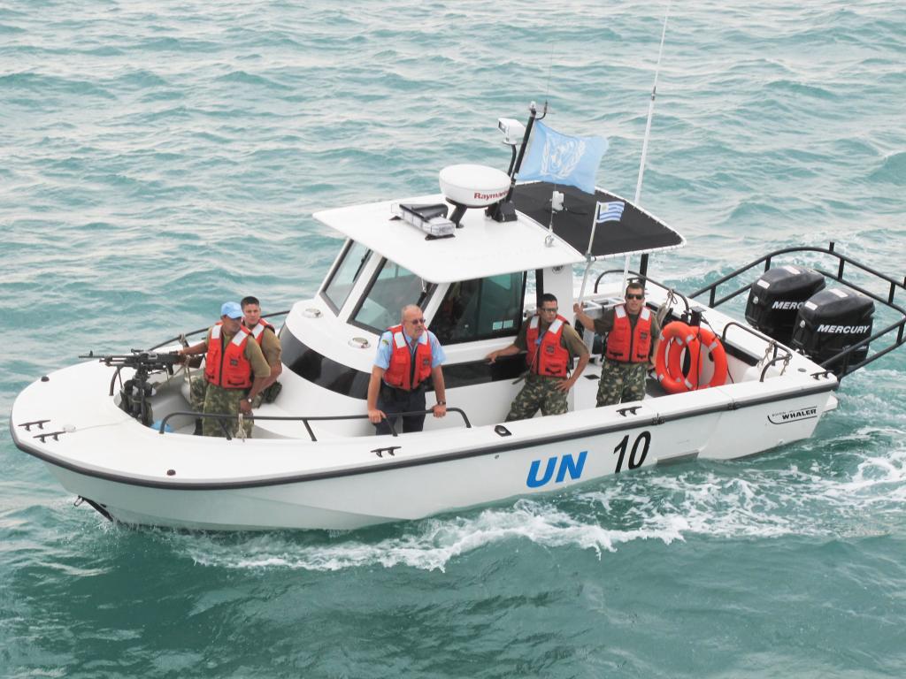 A United Nations Police patrol boat arrives at Sea Hunter’s anchorage Friday morning to provide security during the offloading operations off the coast of Les Cayes, Haiti.