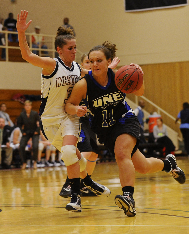Liz LeBlanc tries to get past Western Connecticut’s Karli Spera. Western Liz LeBlanc tries to get past Western Connecticut’s Karli Spera. Western Connecticut advanced to a second-round matchup today against Bowdoin, a 67-53 winner over Baruch.