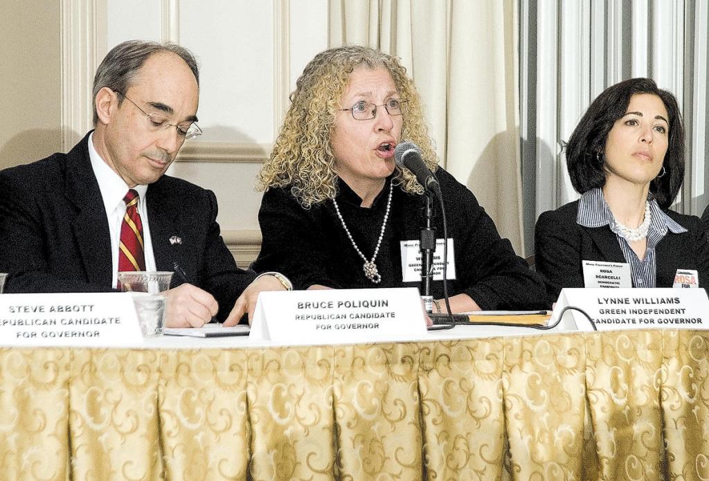 Green Independent Lynne Williams, center, speaks during Friday’s gubernatorial candidate forum at the Samoset Resort in Rockport. She is flanked by Republican Bruce Poliquin, left, and Democrat Rosa Scarcelli.
