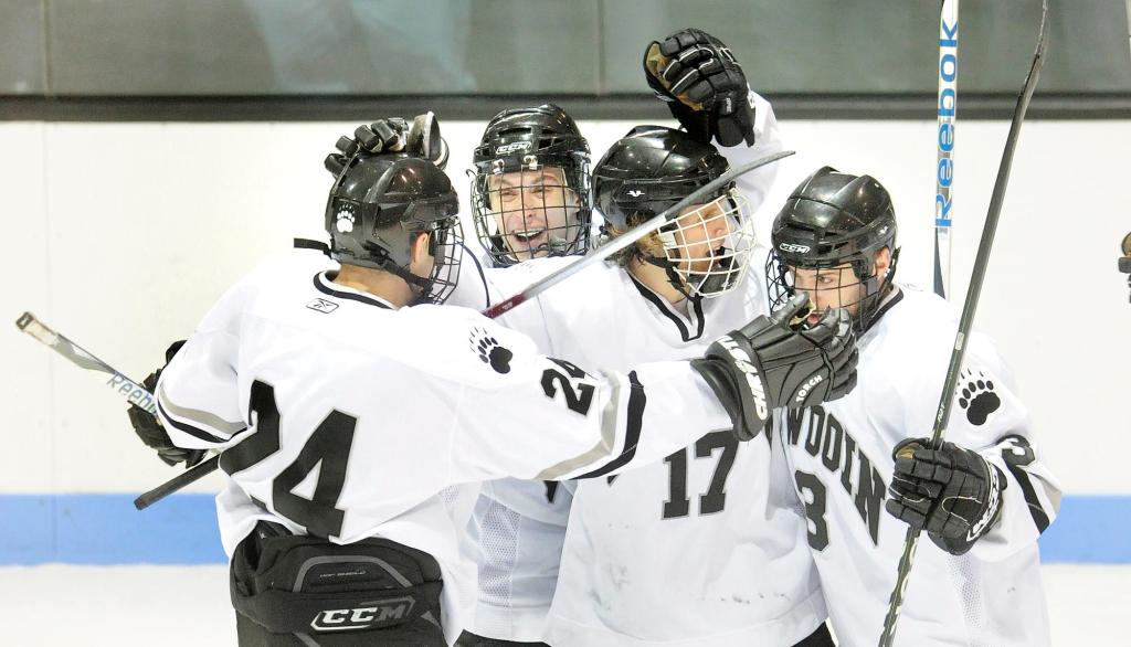 Leland Fidler (17) celebrates with his teammates after scoring one of Bowdoin’s five third-period goals against Hamilton.
