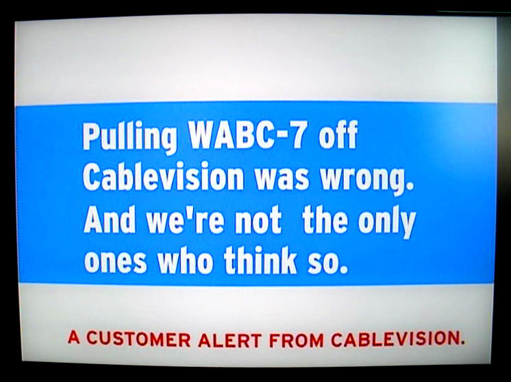 A television screen in Brooklyn, N.Y., carries a message from Cablevision to millions of customers in New York area households who were facing the prospect of not seeing the Academy Awards. The message was broadcast after ABC's parent company, Disney, switched off its signal to Cablevision customers because the two companies failed to reach a deal in a dispute over fees.