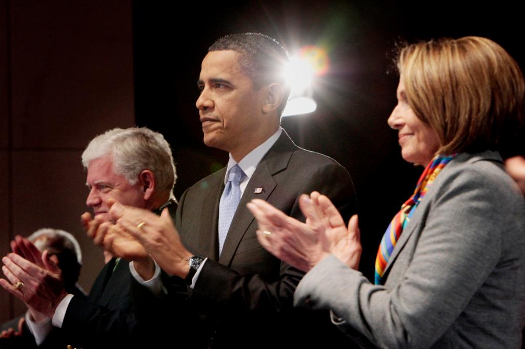 President Obama visited Capitol Hill Saturday night in an effort to rally House Democrats leading up to Sunday’s historic vote on health care. With Obama are Rep. John B. Larson, D-Conn., and Speaker of the House Nancy Pelosi, D-Calif.