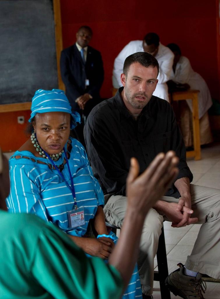 Ben Affleck, founder of the Eastern Congo Initiative, and an official listen to a survivor of sexual violence at Aid Group HEAL Africa’s premises in Goma, Democratic Republic of Congo on Thursday.
