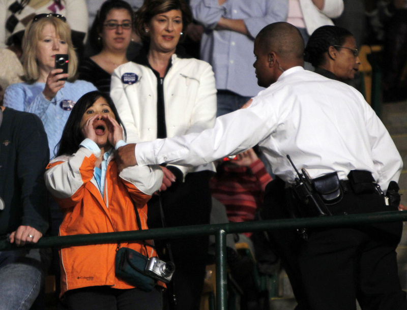 A protester is removed by a security officer as President Obama speaks about health care reform at the Patriot Center at George Mason University in Fairfax, Va., on Friday. Historians say such incivility is nothing new. What’s different is that the Internet, social media and other outlets are airing raw, unfiltered comments.