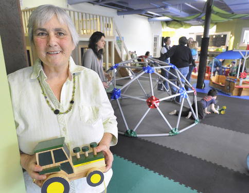 Jo Moser inside GreenLight Studio, a new indoor green-oriented play space for kids and their grown-ups on Dartmouth Street in Portland.