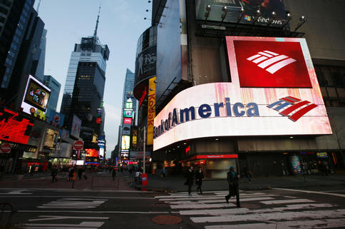 A wraparound logo adorns a New York branch office of Bank of America, which is offering help to troubled mortgagees.