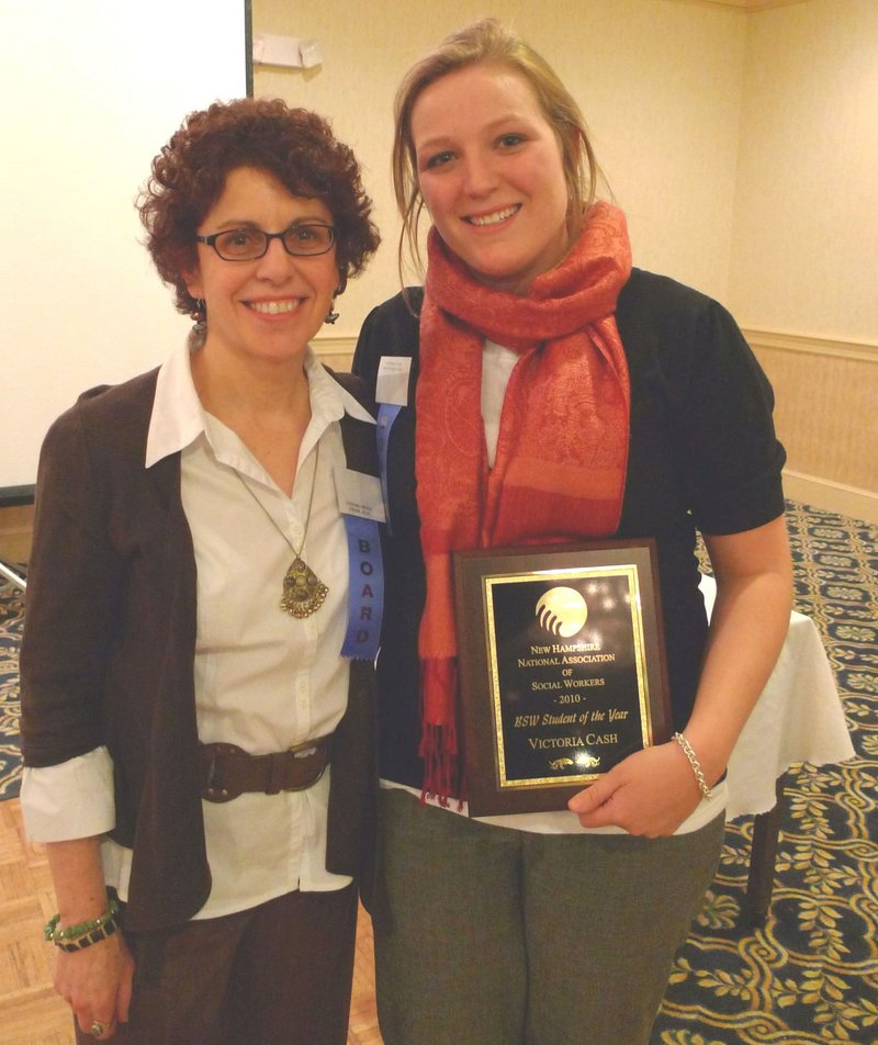 Deering graduate Tori Cash, right, poses with Cynthia Moniz, Plymouth State University social work department chair, after Cash won the New Hampshire Chapter of the National Association of Social Workers Student of the Year award.