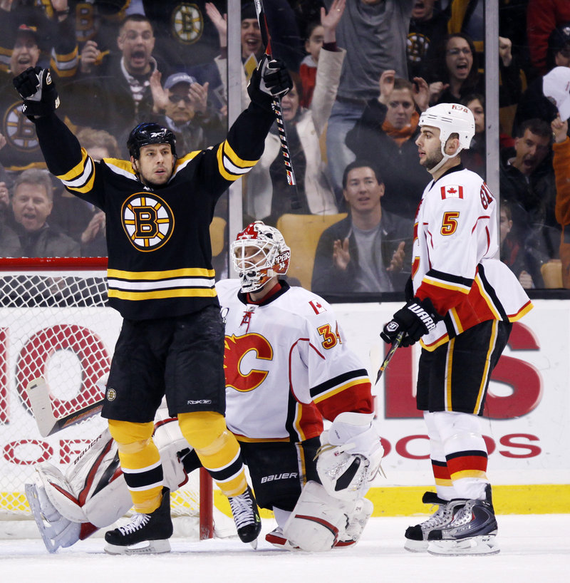 Marco Sturm celebrates a first-period goal by Dennis Seidenberg as Calgary’s Miikka Kiprusoff, center, and Mark Giordano look on Saturday at the TD Garden. The Bruins won for only the third time in their last 15 home games, 5-0.