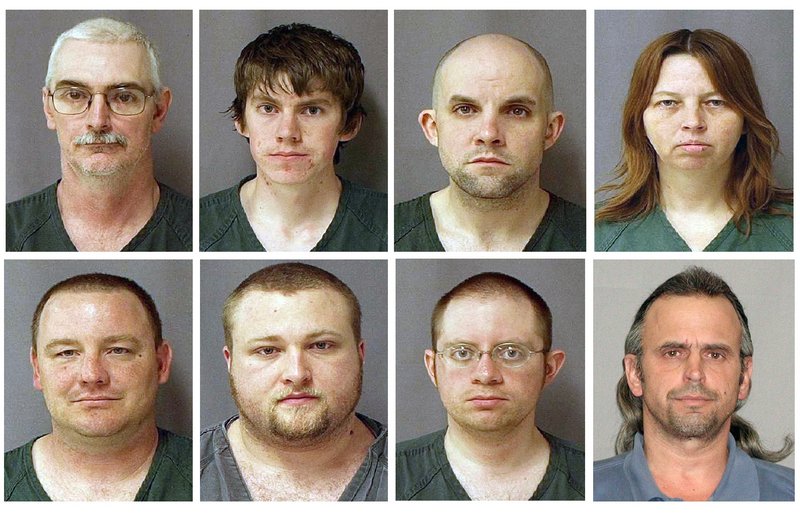 Nine suspects tied to Hutaree, a Christian militia, were charged Monday with conspiring to kill police officers and to cause the deaths of scores more by attacking a slain officer's funeral. From top left are David Brian Stone Sr., 44, of Clayton, Mich,; David Brian Stone Jr. of Adrian, Mich,; Jacob Ward, 33, of Huron, Ohio; and Tina Mae Stone. From bottom left are Michael David Meeks, 40, of Manchester, Mich,; Kristopher T. Sickles, 27, of Sandusky, Ohio; Joshua John Clough, 28, of Blissfield, Mich.; and Thomas William Piatek, 46, of Whiting, Ind.