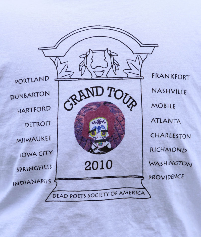 A list of stops on Walter Skold's upcoming 22-state tour of dead poet burial sites is seen on a t-shirt, Tuesday, in Portland. Skold, the founder of the Dead Poets Society of America, hopes to make Oct. 7th "Dead Poets Remembrance Day."