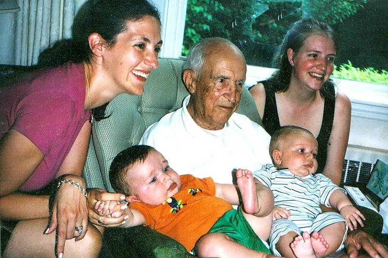 Dana Babb enjoys a visit with granddaughters and great-grandsons, Laura and Nate Currier, at left, and Jessica and Elliot Williams.