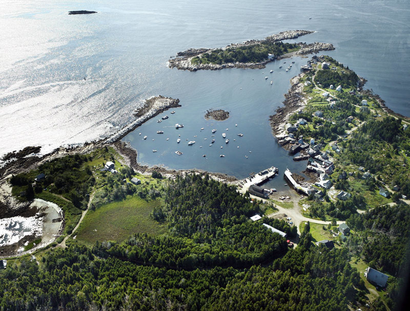 Aerial photo of the harbor on Matinicus Island.