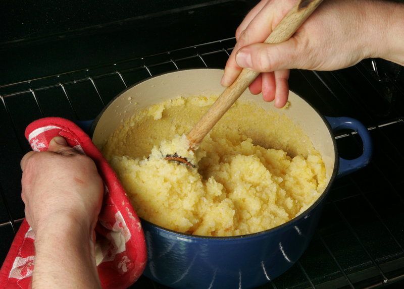 How easy is polenta? Pour water into a wide, deep pot; stir in polenta; bake; stir; bake; stir and done.