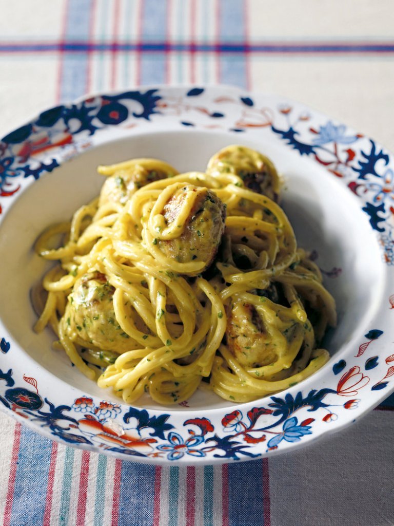 Spaghetti with curried chicken meatballs is from “Chicken & Other Fowl,” by John Torode.