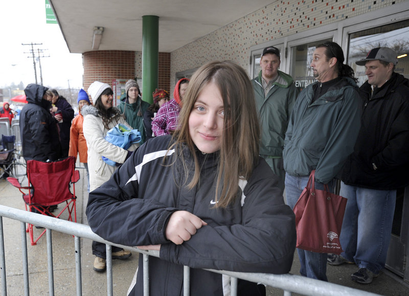Nicole Perrine from Old Orchard Beach was the first in line at 12:45 a.m. Wednesday for tickets to see President Obama, who will speak at the Portland Expo today. More than 800 people had joined the line by 9 a.m.