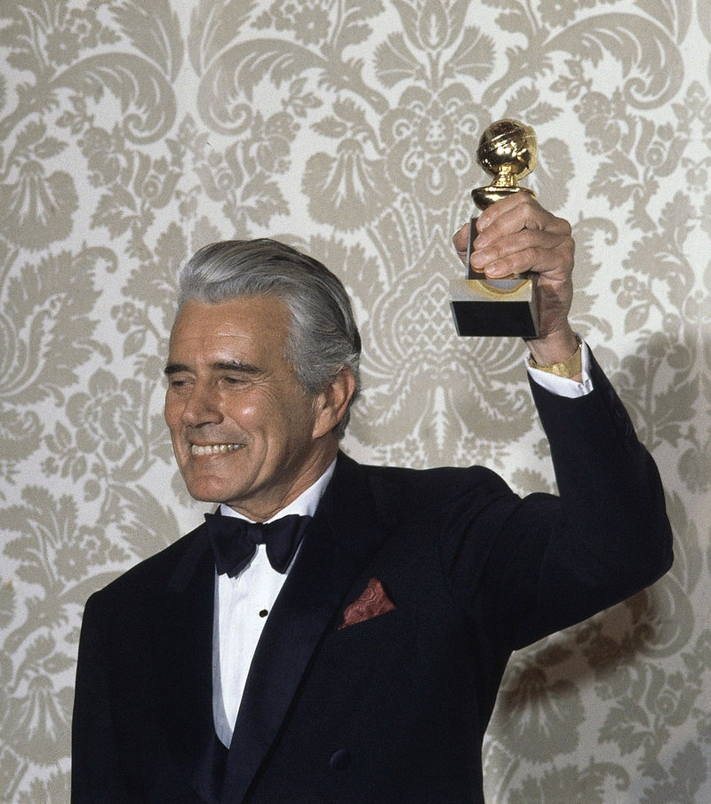 The Associated Press Actor John Forsythe celebrates after accepting the Golden Globe Award for best actor in a dramatic television series, “Dynasty,” in 1983.