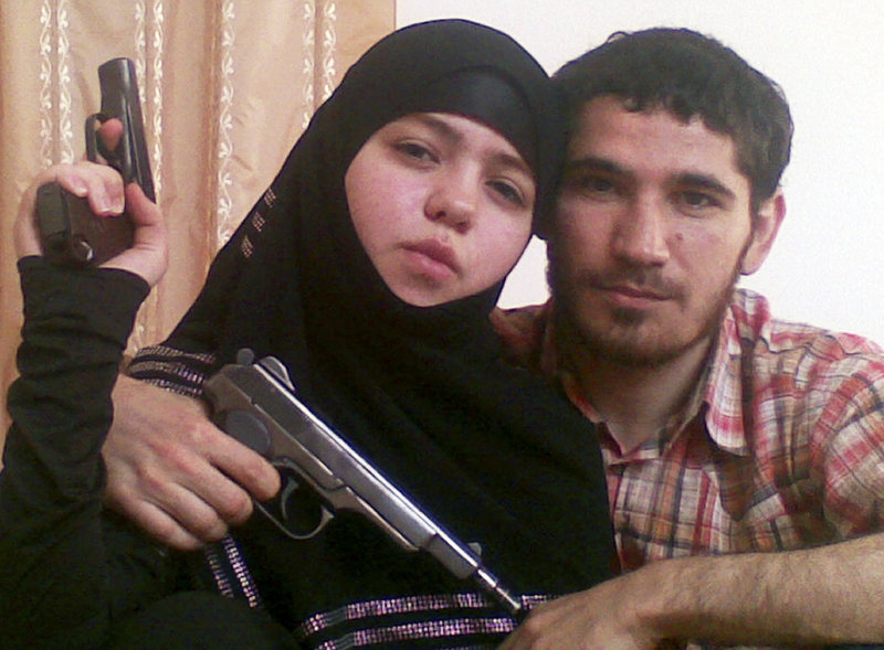 This undated photo purportedly shows 17-year-old suicide bomber Dzhanet Abdurakhmanova, left, and her husband, Islamist rebel Umalat Magomedov, both now dead.